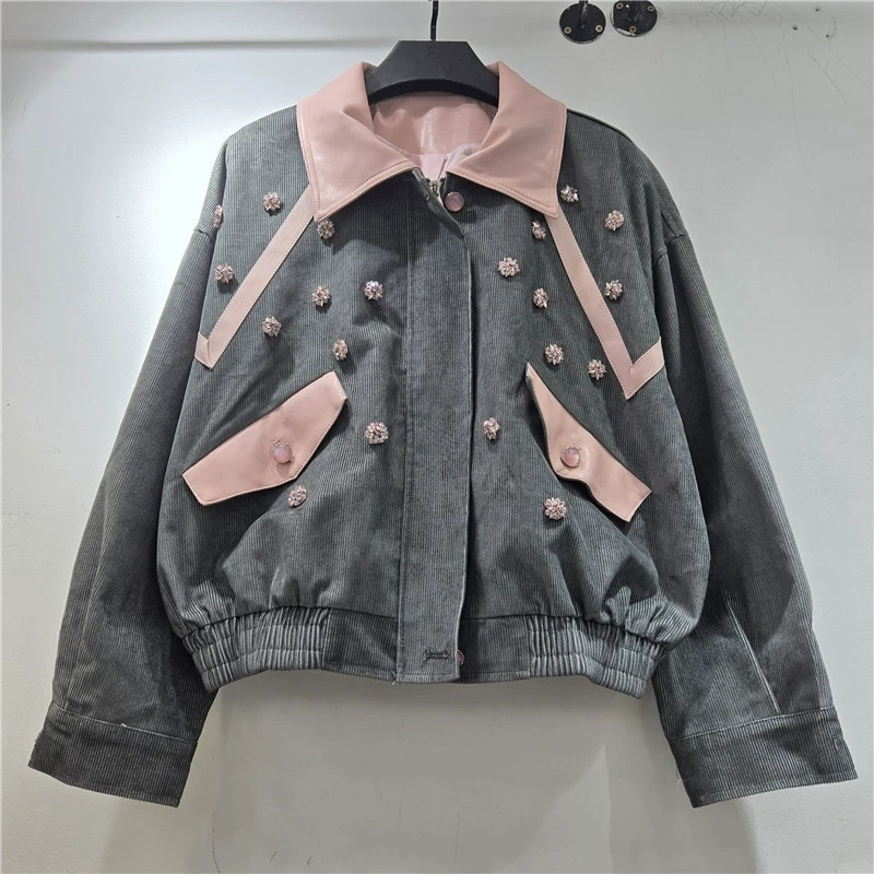 Leatherwork Flowers - Jaket Corduroy Berhias Bunga Manik-Manik Warna